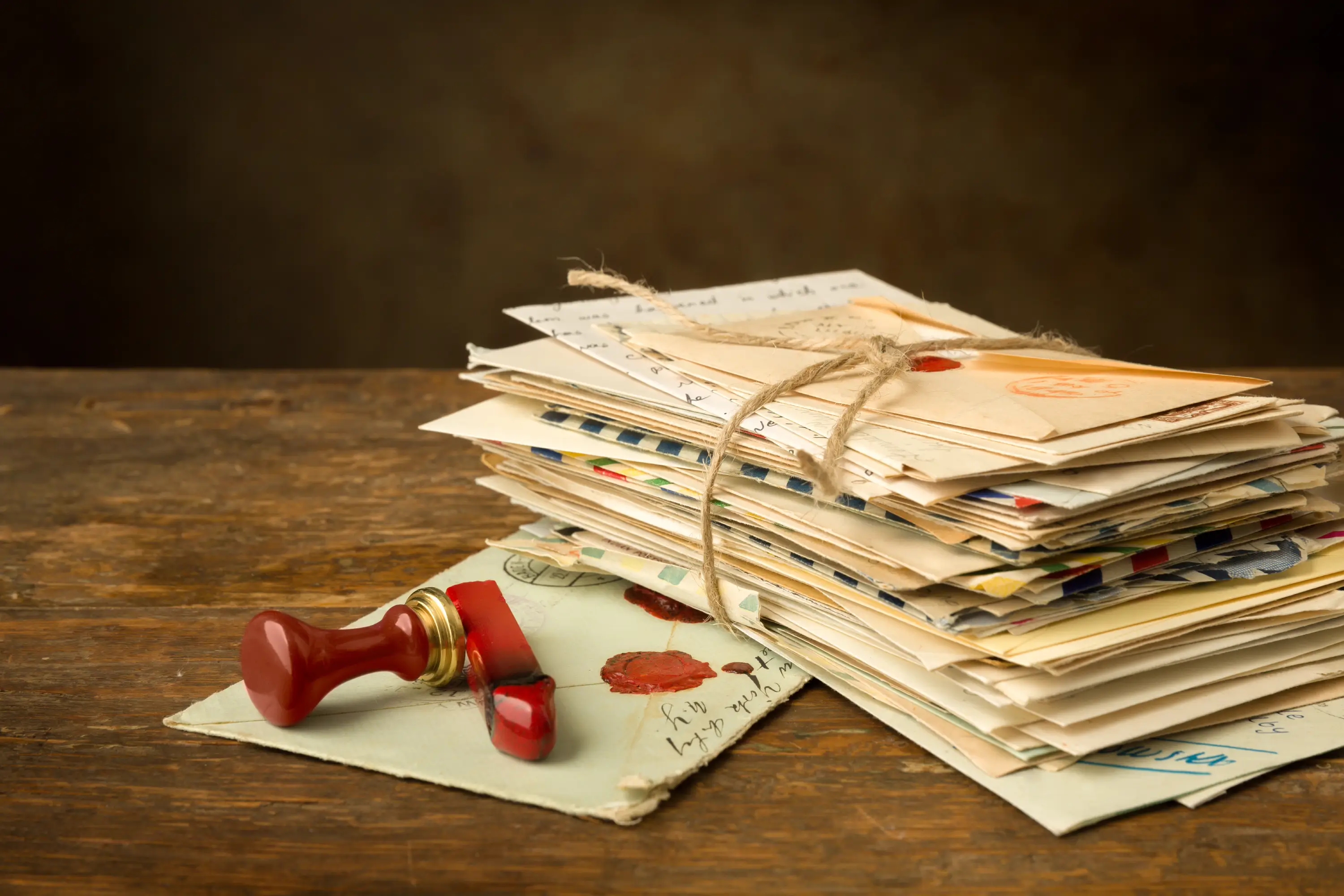 Stack of letters with red wax seal.