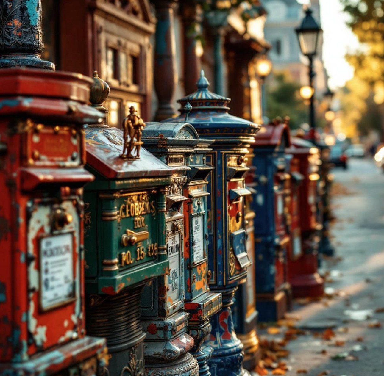 A row of colorful vintage mailboxes on a street during autumn.