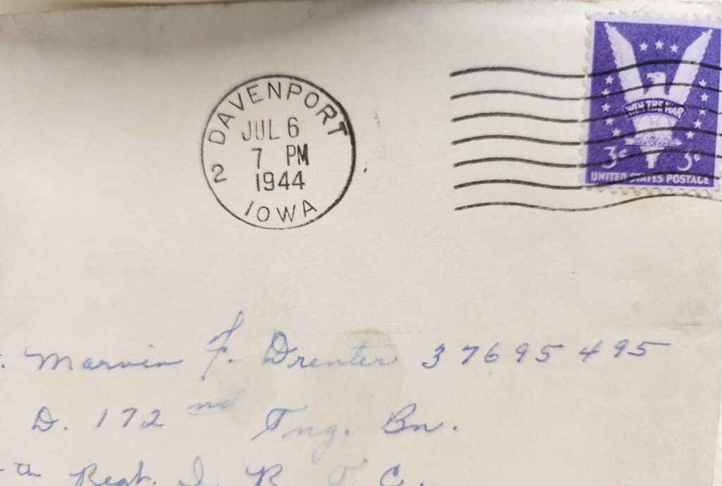 Postmarked envelope from Menlo, Iowa, dated July 6, 1944.