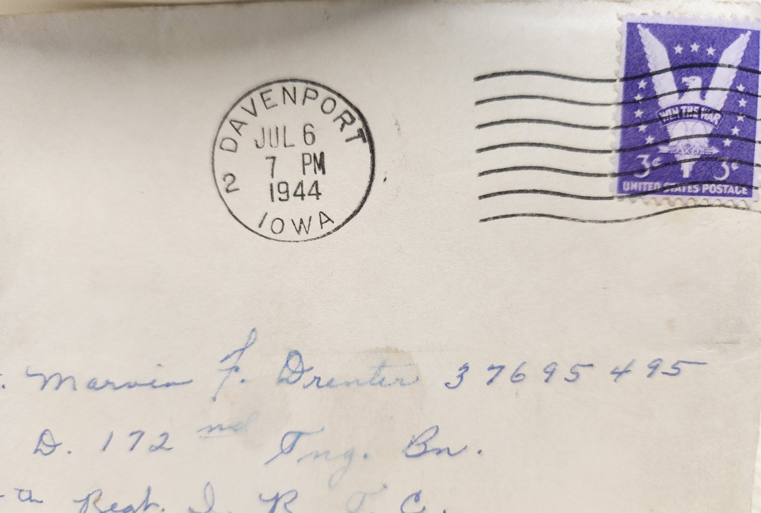 Postmarked envelope from Menlo, Iowa, dated July 6, 1944.