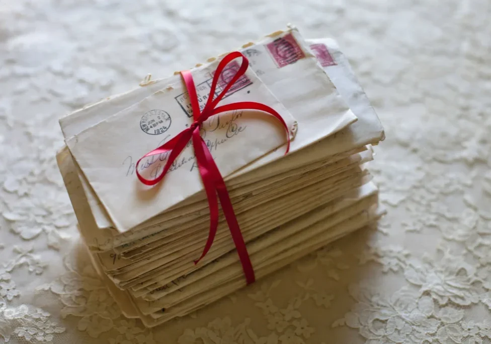 A stack of vintage letters tied with a red ribbon.