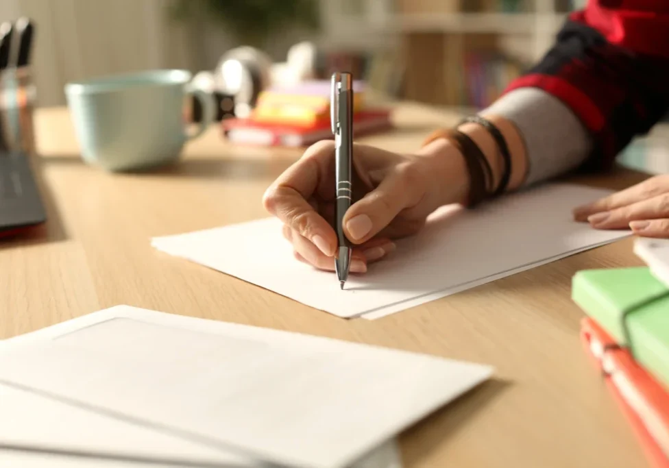 Hand writing on paper at a desk.